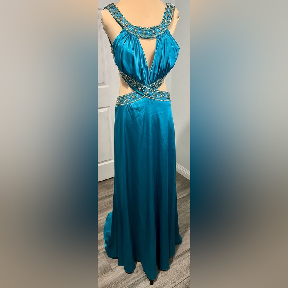 🛑LAST CHANCE🛑 Turquoise Satin Beaded Prom Maxi Dress sherri hill cache jovani
